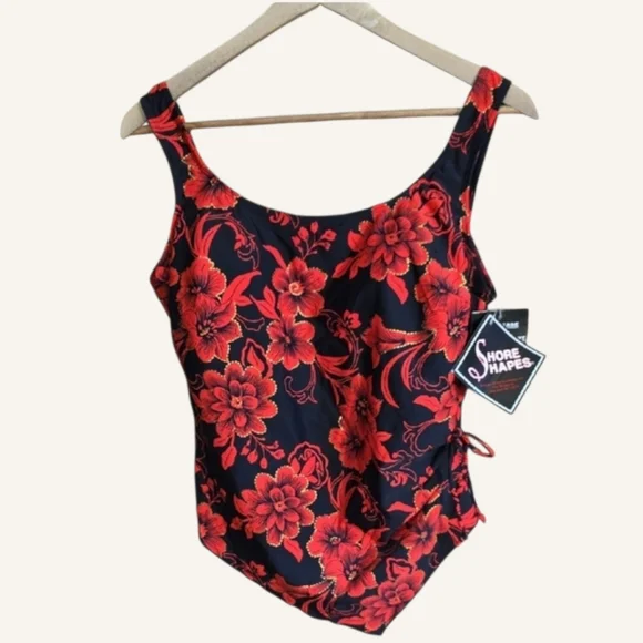 Shore Shapes Size 16 Floral Black/Red/Gold Tankini Swimsuit Top - Picture 1 of 10